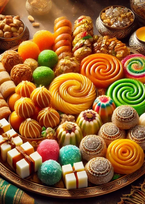 DALL·E 2024-09-30 13.15.03 - A vibrant assortment of Indian sweets on a decorative plate. The sweets include golden-brown Gulab Jamun, spiral-shaped orange Jalebi, colorful Ladoo,